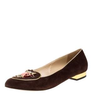 Pre Owned Charlotte Olympia Brown Suede Bull Smoking Slippers Size 40