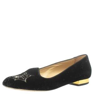 Charlotte Olympia Black Velvet Spider Embellished Smoking Loafers Size 38