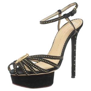 Charlotte Olympia Black Velvet Studed Ankle Strap Platform Sandals Size 37.5