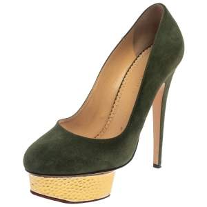 Pre Owned Charlotte Olympia Green Suede Dolly Platform Pumps Size 38