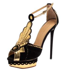 Pre Owned Charlotte Olympia Black/Gold Suede And Leather Sunset Ankle Strap Platform Sandals Size 41