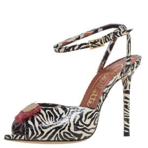 Charlotte Olympia Black/White Zebra Print Leather Ankle Strap Peep Toe Sandals Size 36
