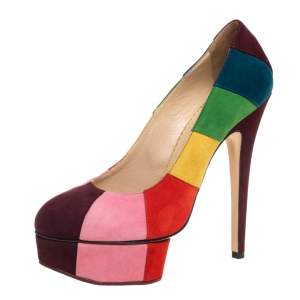 Pre Owned Charlotte Olympia Multicolor Striped Suede Priscilla Platform Pumps Size 36.5