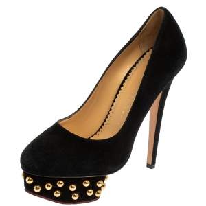 Charlotte Olympia Black Suede Dolly Studded Platform Pumps Size 36.5