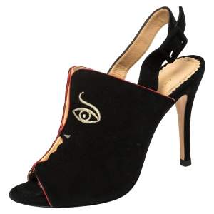Charlotte Olympia Black Suede Face To Face Slingback Sandals Size 37