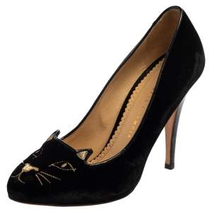 Pre Owned Charlotte Olympia Black Velvet Kitty Pumps Size 37.5