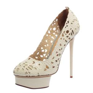 Pre Owned Charlotte Olympia Cream White Cut Out Leather Scribble Dolores Platform Pumps Size 39
