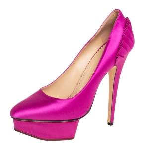 Pre Owned Charlotte Olympia Pink Satin Paloma Fan Pleat Platform Pumps Size 38