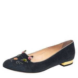 Pre Owned Charlotte Olympia Black Fabric And Patent Leather Emoticats Cheeky Kitty Ballet Flats Size 39.5