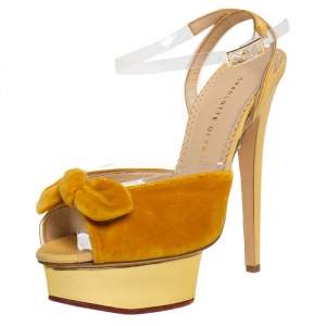 Charlotte Olympia Yellow Velvet And Fabric Knot Platform Ankle Strap Sandals Size 40