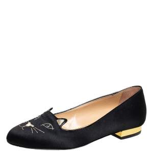 Pre Owned Charlotte Olympia Black Satin Kitty Ballet Flats Size 35 