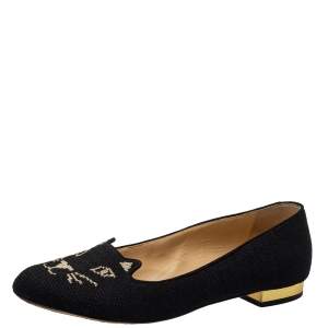 Pre Owned Charlotte Olympia Black Embroidered Canvas Emoticat Kitty Flats Size 38.5