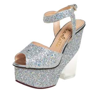 Pre Owned Charlotte Olympia Silver Glitter Leandra Platform Ankle Strap Sandals Size 36.5