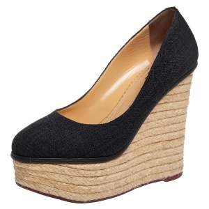 Pre Owned Charlotte Olympia Black Raffia Carmen Wedge Espadrille Pumps Size 37