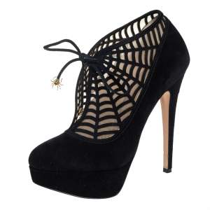 Pre Owned Charlotte Olympia Black Suede And Mesh Minerva Web Ankle Boots Size 37