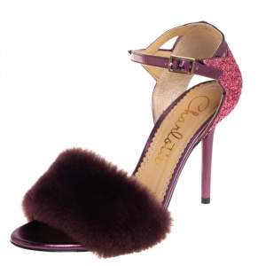 Pre Owned Charlotte Olympia Tricolor Glitters and Fur Capella Sandals Sie 38.5