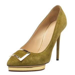 Charlotte Olympia Olive Green Suede Embellished Pumps Size 39
