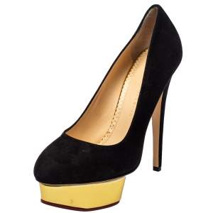 Pre Owned Charlotte Olympia Black Suede Dolly Platform Pumps Size 39