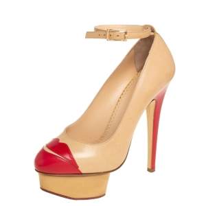 Pre Owned Charlotte Olympia Beige/Red Leather Kiss Me Dolores Lips Appliquè Ankle Strap Platform Pumps Size 35.5