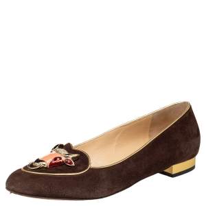 Charlotte Olympia Brown Suede Zodiac Taurus Embellished Smoking Slippers Size 39