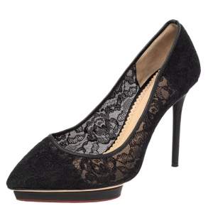 Pre Owned Charlotte Olympia Black Lace Dotty Pumps Size 40