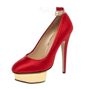 Pre Owned Charlotte Olympia Red Quilted Satin Dolores Platform Ankle Strap Pumps Size 39