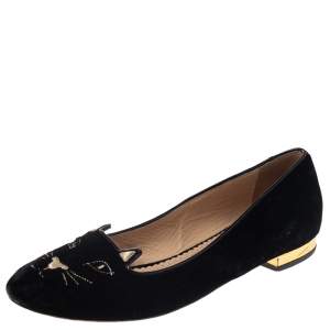 Pre Owned Charlotte Olympia Black Velvet Kitty Ballet Flats Size 39