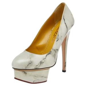 Charlotte Olympia White/Grey Marble Print Leather Dolly Platform Pumps Size 35