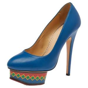 Charlotte Olympia Blue Leather Dolly Platform Pumps Size 35.5