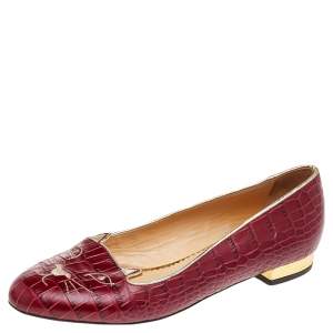 Pre Owned Charlotte Olympia Red Croc Embossed Leather Kitty Ballet Flats Size 39.5