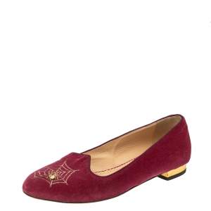 Charlotte Olympia Pink Velvet Embroidered Accent Loafers Size 39