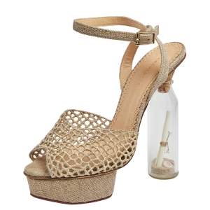 Charlotte Olympia Gold/Beige Jute And Fishnet Message In The Bottle Sandals Size 39