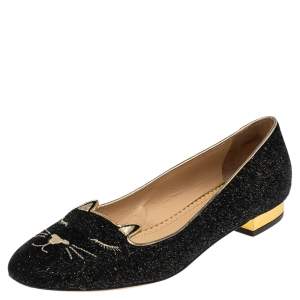 Pre Owned Charlotte Olympia Black/Gold Lurex Fabric Kitty Flats Size 37