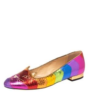 Pre Owned Charlotte Olympia Metallic Multicolor Snake Print Leather Kitty Ballet Flats Size 37.5