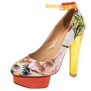 Pre Owned Charlotte Olympia Multicolor Fabric Dolly Platform Ankle Strap  Pump Size 38