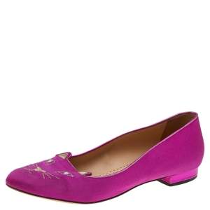 Pre Owned Charlotte Olympia Pink Satin Kitty Embroidered Flats Size 38
