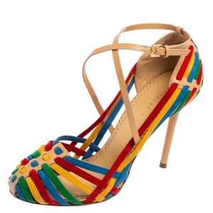 Pre Owned Charlotte Olympia  Multicolor Suede And Leather  X Strap Retro Pumps Size 37