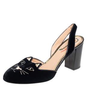 Pre Owned Charlotte Olympia Black Velvet and Patent Leather Trim Cat Embroidered Slingback Sandals Size 41