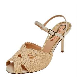 Pre Owned Charlotte Olympia Beige Jute And Leather Slingback Sandals Size 38