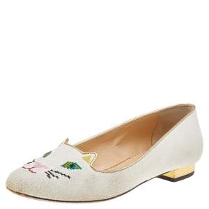 Pre Owned Charlotte Olympia White Embroidered Canvas Emoticat Cheeky Kitty Ballet Flats Size 39