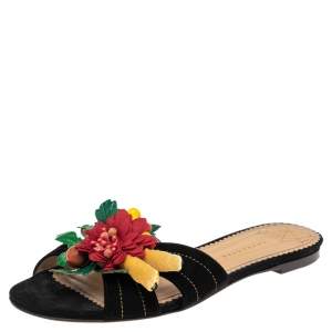 Pre Owned Charlotte Olympia Black Suede Tropical Floral Embellished Flat Slides Size 38