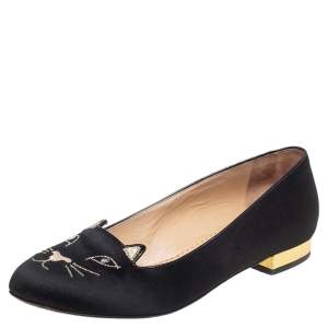 Pre Owned Charlotte Olympia Black Satin Emoticat Cheeky Kitty Flat Sandals Size 37