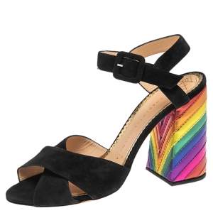 Charlotte Olympia Black Suede  Block Heel Ankle Strap Sandals Size 38.5