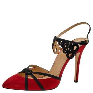 Pre Owned Charlotte Olympia Red Suede And Fabric Ankle Strap Sandals Size 37