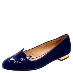 Pre Owned Charlotte Olympia Navy Blue Velvet Kitty Ballet Flats Size 40.5