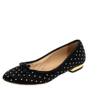 Pre Owned Charlotte Olympia Black Satin White Studed Bow Ballet Flats Size 36