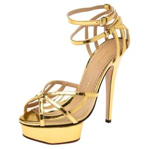 Pre Owned Charlotte Olympia Metallic Gold Leather Octavia Platform Sandals Size 37