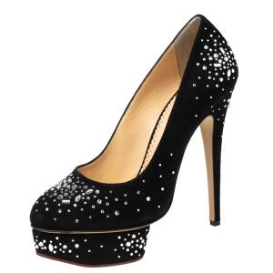 Charlotte Olympia Black Crystal Embellished Suede Dolly Platform Pumps Size 40.5