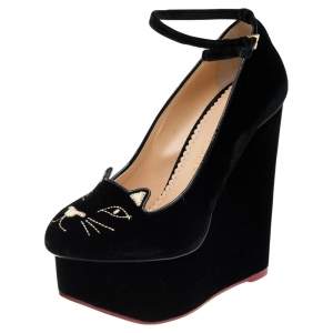 Charlotte Olympia Black Velvet and  Leather Trim Cat Embroidered Ankle Strap Sandals Size 36