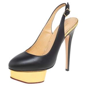 Pre Owned Charlotte Olympia Black Leather Dolly Slingback Pumps Size 37.5